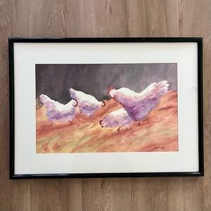 Vtg Original Framed‎ Watercolor Painting Farm Hens Chicken Signed By L M Coffey